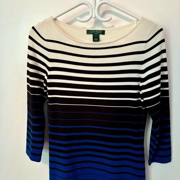 Ralph Lauren Small Dress Knit Fitted Boat Neck 3/4 Sleeve Mid-Length Striped - Picture 2 of 5